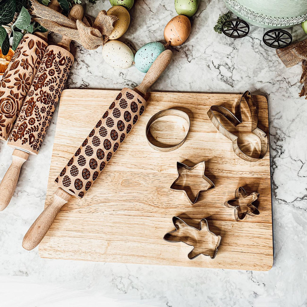 Easter + Spring Wooden Embossed Rolling Pin & Cookie Cutter Set  — Select Your Style & Size