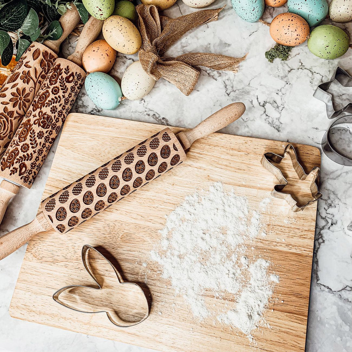 Easter + Spring Wooden Embossed Rolling Pin & Cookie Cutter Set  — Select Your Style & Size