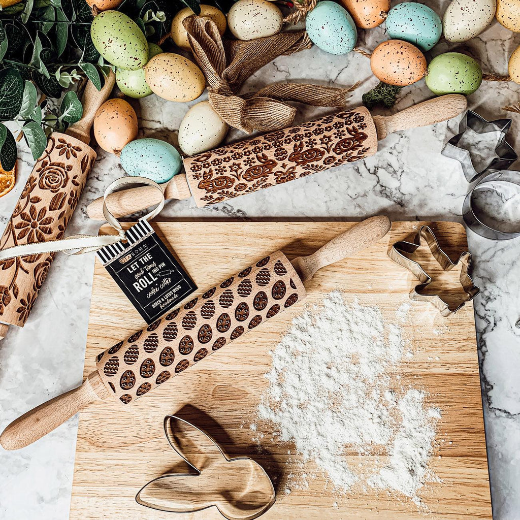 Easter + Spring Wooden Embossed Rolling Pin & Cookie Cutter Set  — Select Your Style & Size