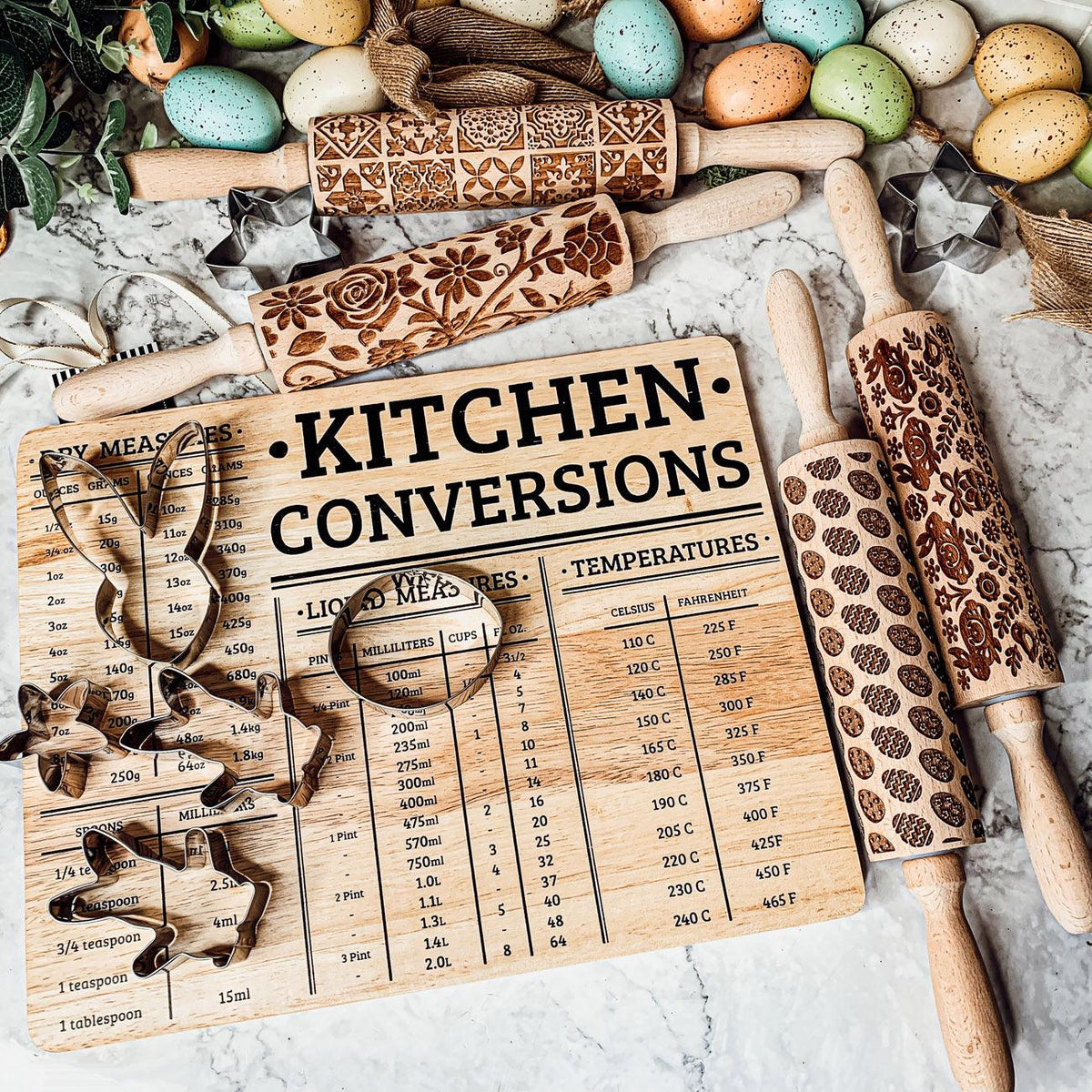 Easter + Spring Wooden Embossed Rolling Pin & Cookie Cutter Set  — Select Your Style & Size