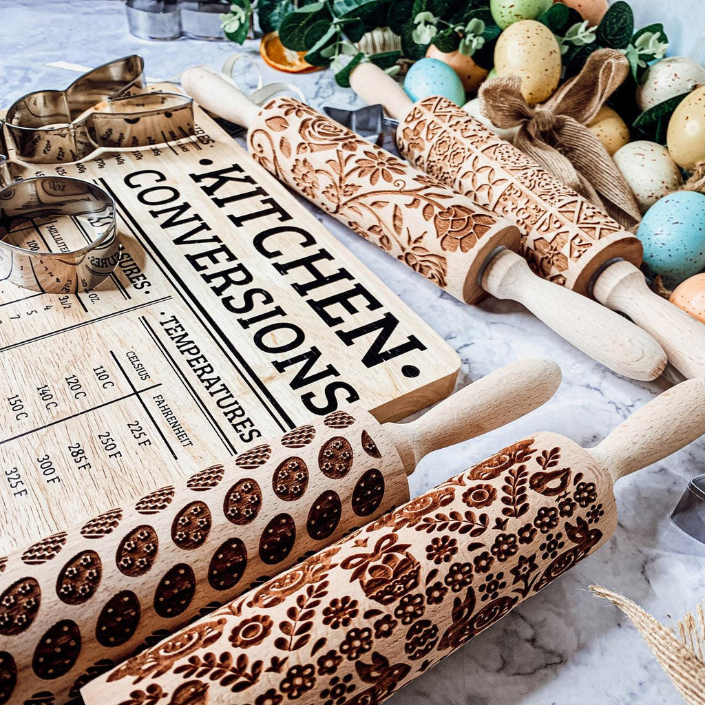 Easter + Spring Wooden Embossed Rolling Pin & Cookie Cutter Set  — Select Your Style & Size
