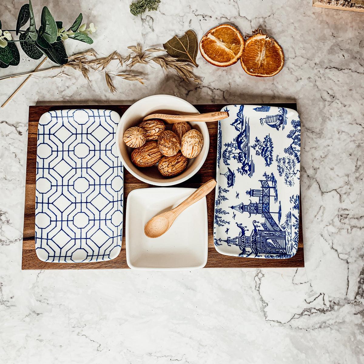 Chinoiserie Porcelain/Acacia Wood/Bamboo Tapas Serving Set