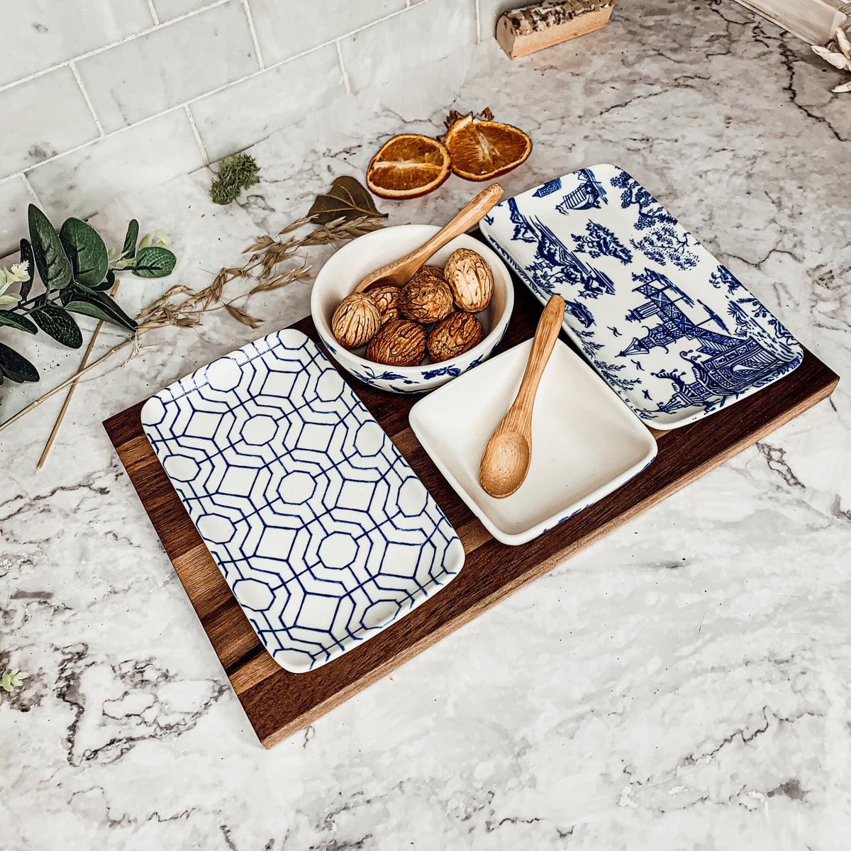 Chinoiserie Porcelain/Acacia Wood/Bamboo Tapas Serving Set