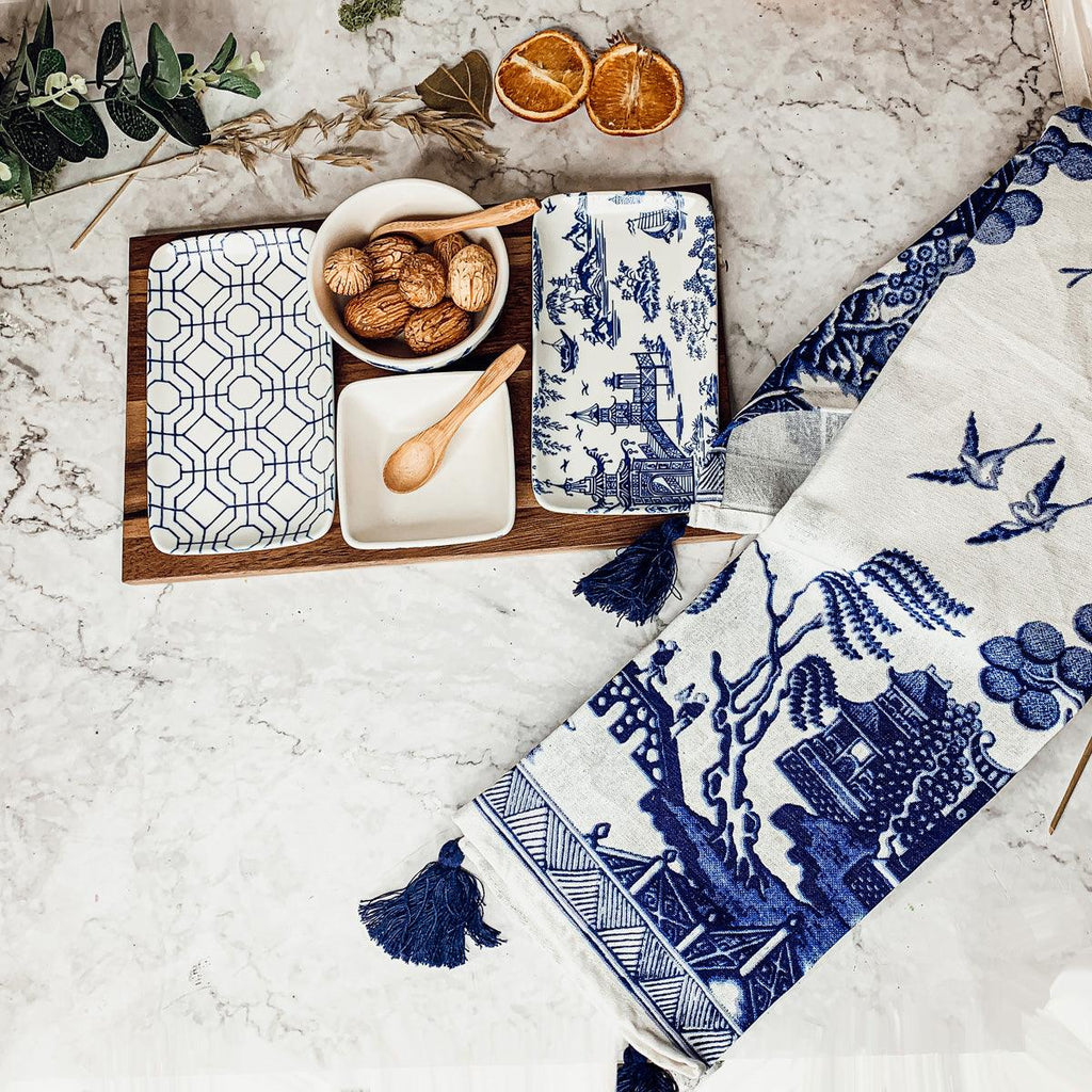 Chinoiserie Porcelain/Acacia Wood/Bamboo Tapas Serving Set