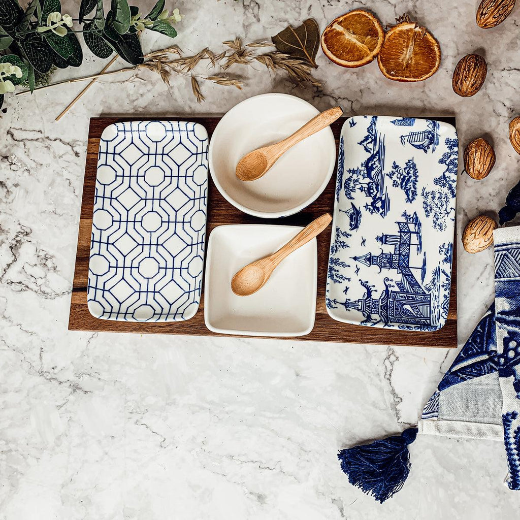 Chinoiserie Porcelain/Acacia Wood/Bamboo Tapas Serving Set