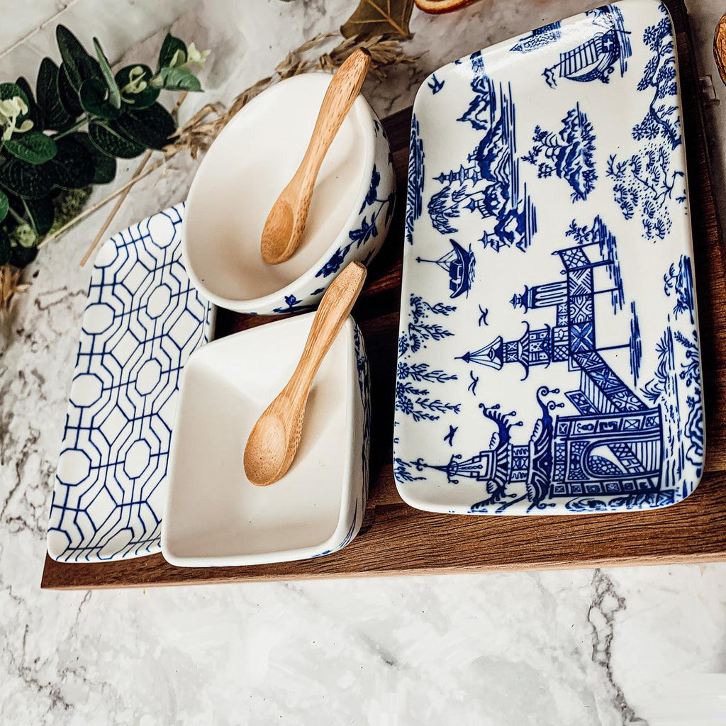 Chinoiserie Porcelain/Acacia Wood/Bamboo Tapas Serving Set