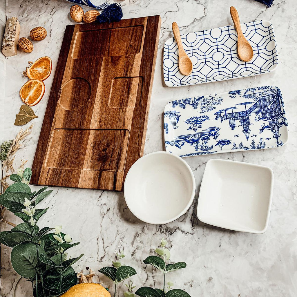 Chinoiserie Porcelain/Acacia Wood/Bamboo Tapas Serving Set