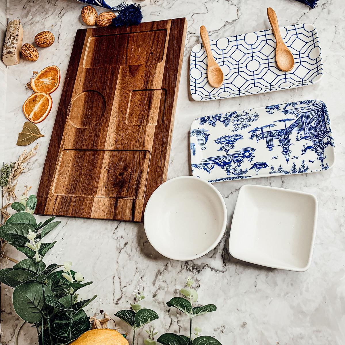 Chinoiserie Porcelain/Acacia Wood/Bamboo Tapas Serving Set