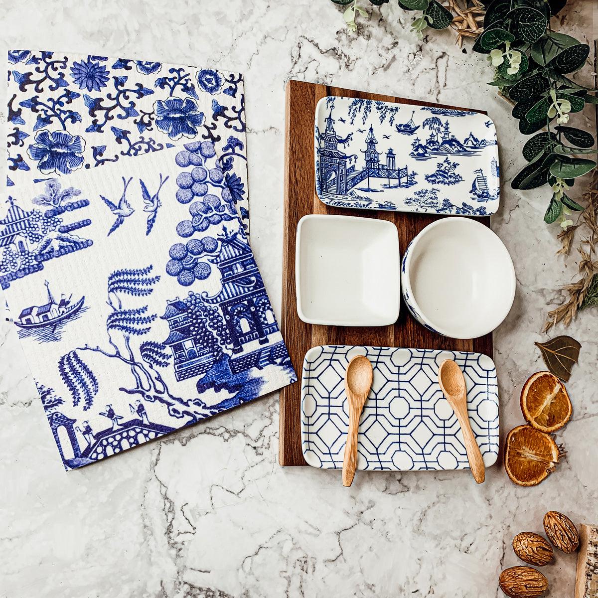 Chinoiserie Porcelain/Acacia Wood/Bamboo Tapas Serving Set