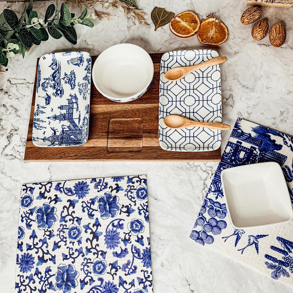 Chinoiserie Porcelain/Acacia Wood/Bamboo Tapas Serving Set