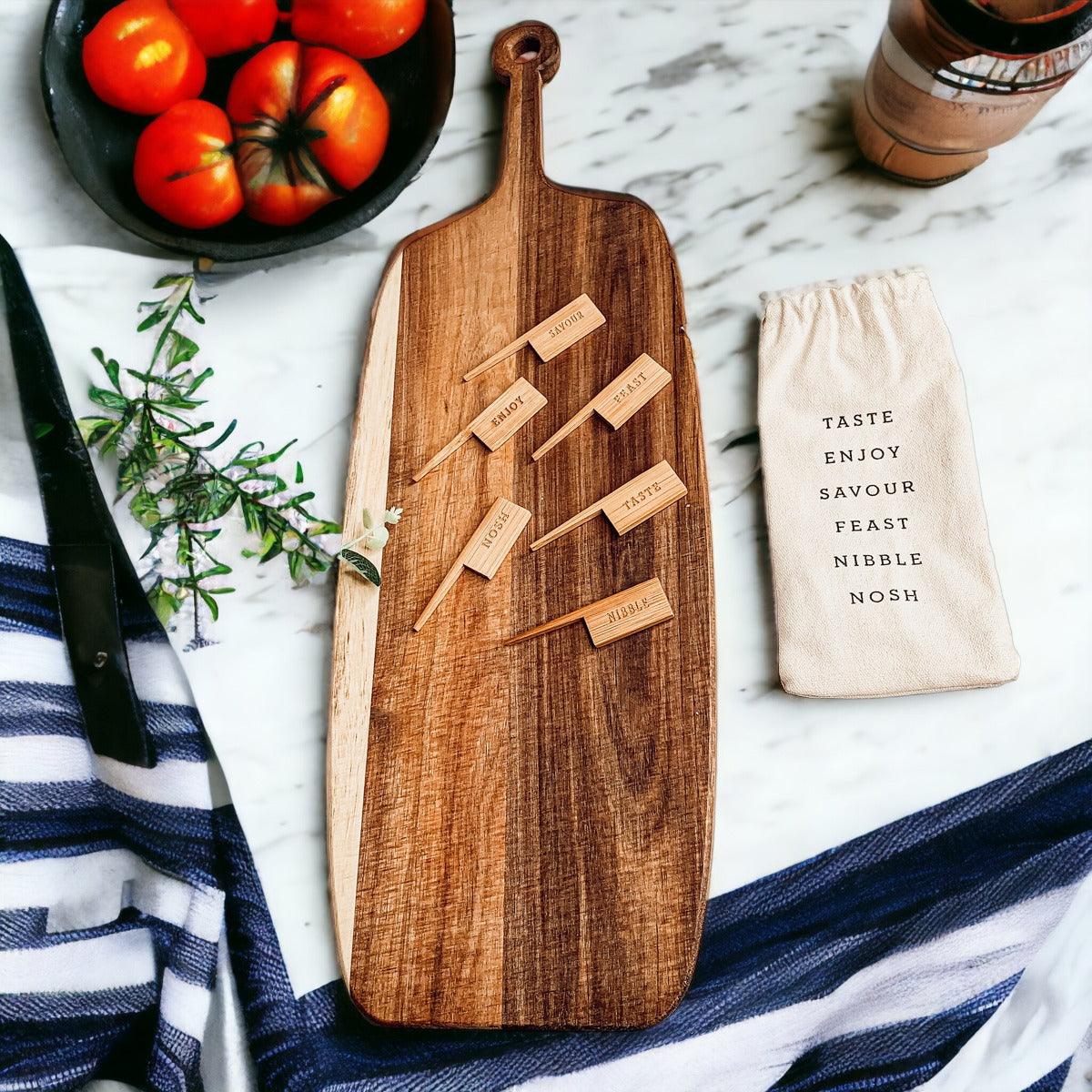 Handmade Acacia Wood Serving Board + Bamboo Cheese Markers