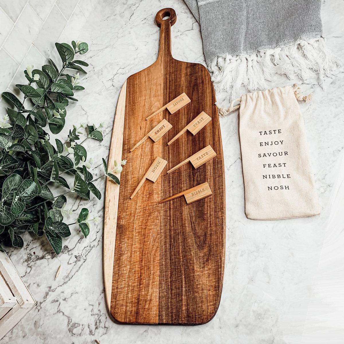 Handmade Acacia Wood Serving Board + Bamboo Cheese Markers