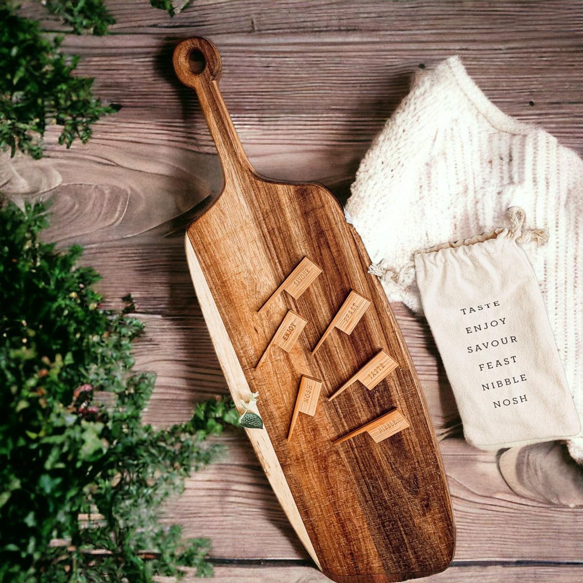 Handmade Acacia Wood Serving Board + Bamboo Cheese Markers