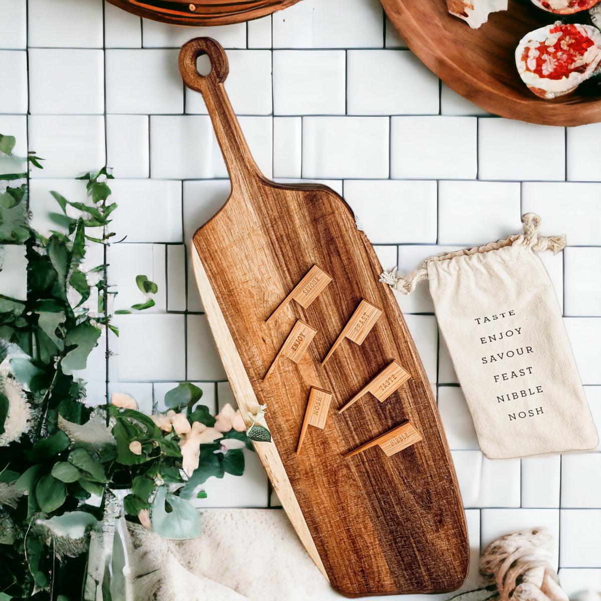 Handmade Acacia Wood Serving Board + Bamboo Cheese Markers
