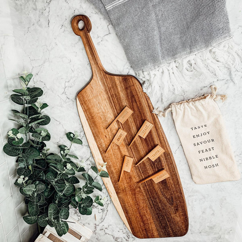 Handmade Acacia Wood Serving Board + Bamboo Cheese Markers