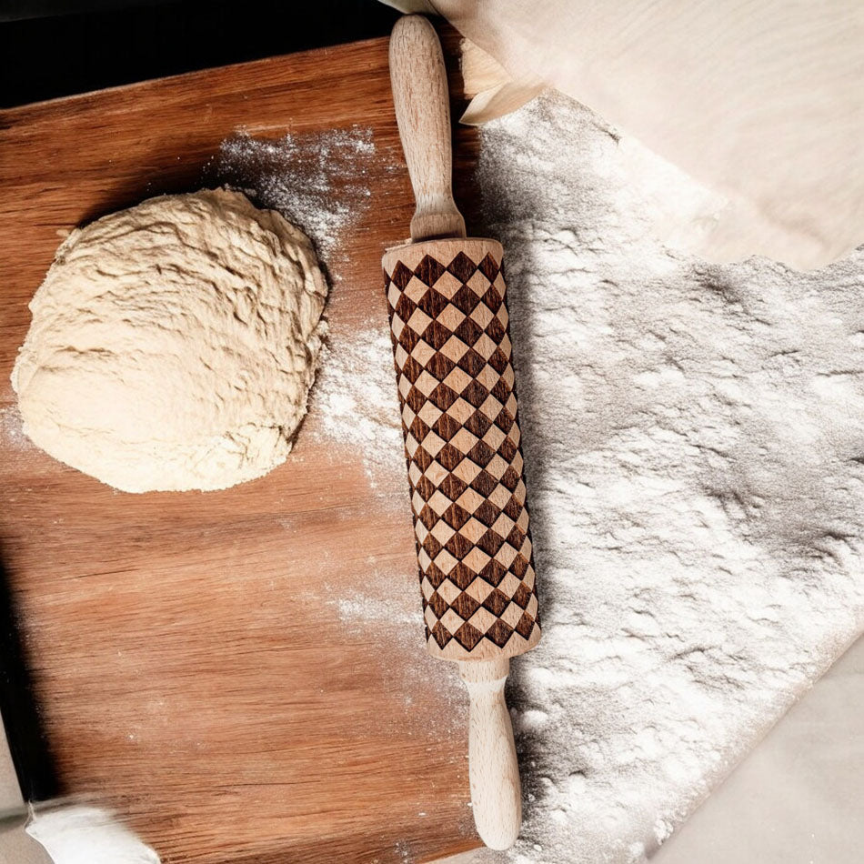 Handmade Wooden Embossed Courtly Check Rolling Pin — Select Your Style & Size