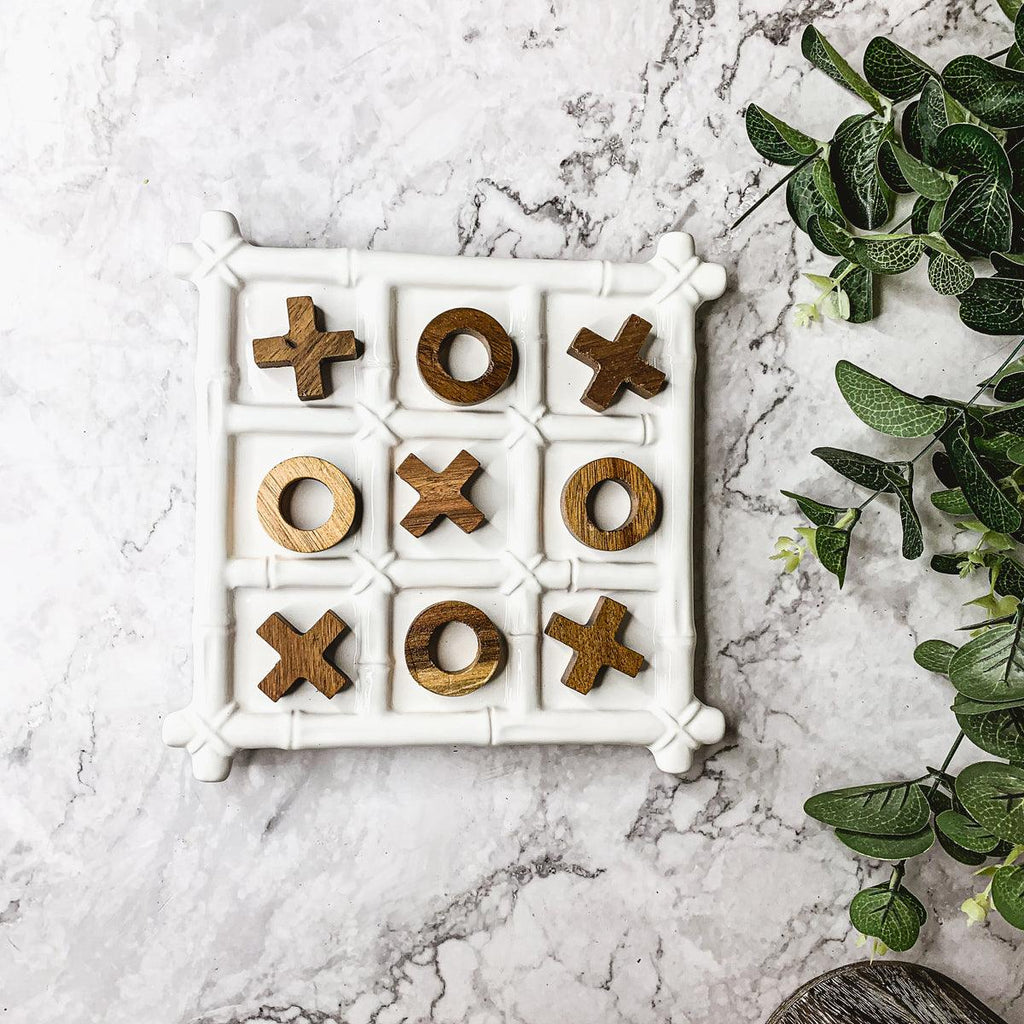 Faux Bamboo Ceramic & Acacia Wood Tic Tac Toe Game
