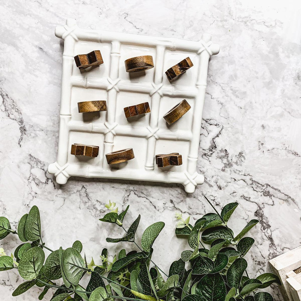 Faux Bamboo Ceramic & Acacia Wood Tic Tac Toe Game