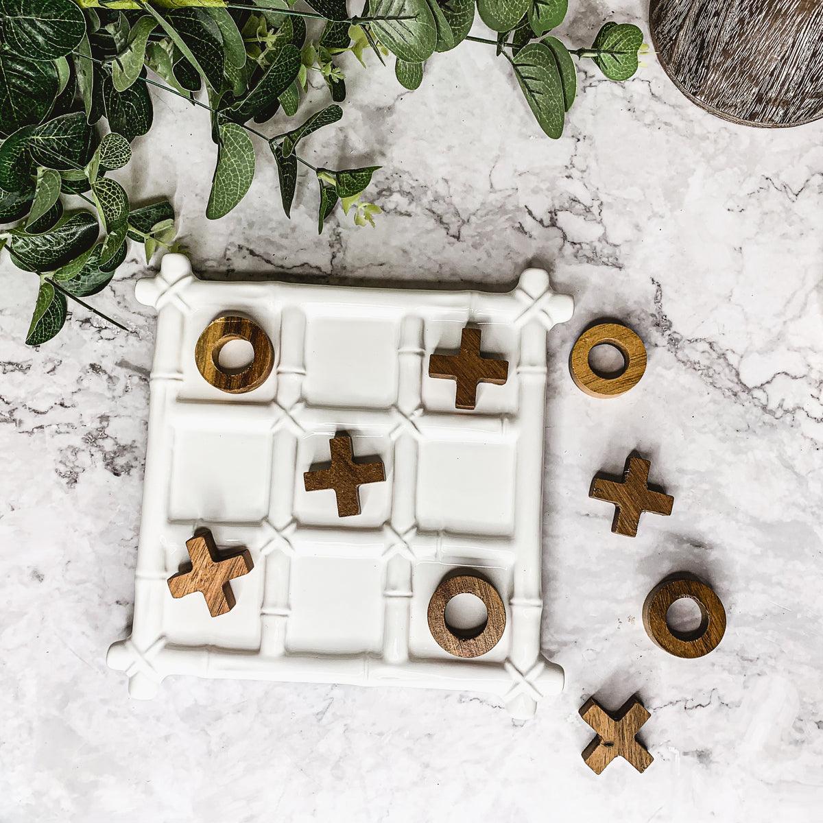 Faux Bamboo Ceramic & Acacia Wood Tic Tac Toe Game