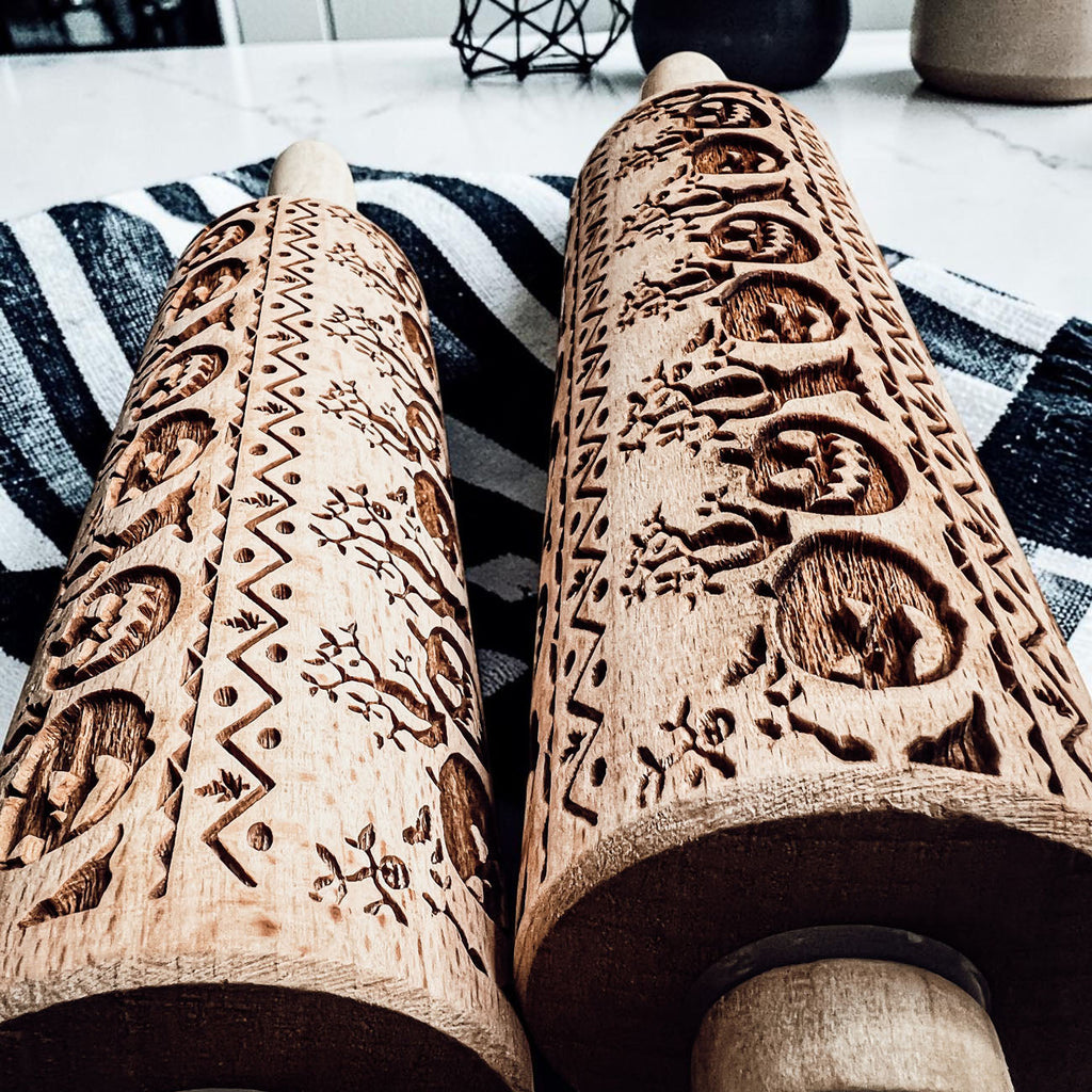 Halloween Embossed Beech Wood Rolling Pin with Cooking Cutter