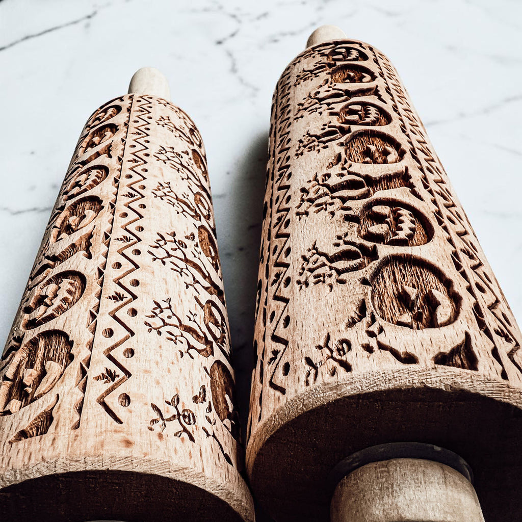 Halloween Embossed Beech Wood Rolling Pin with Cooking Cutter