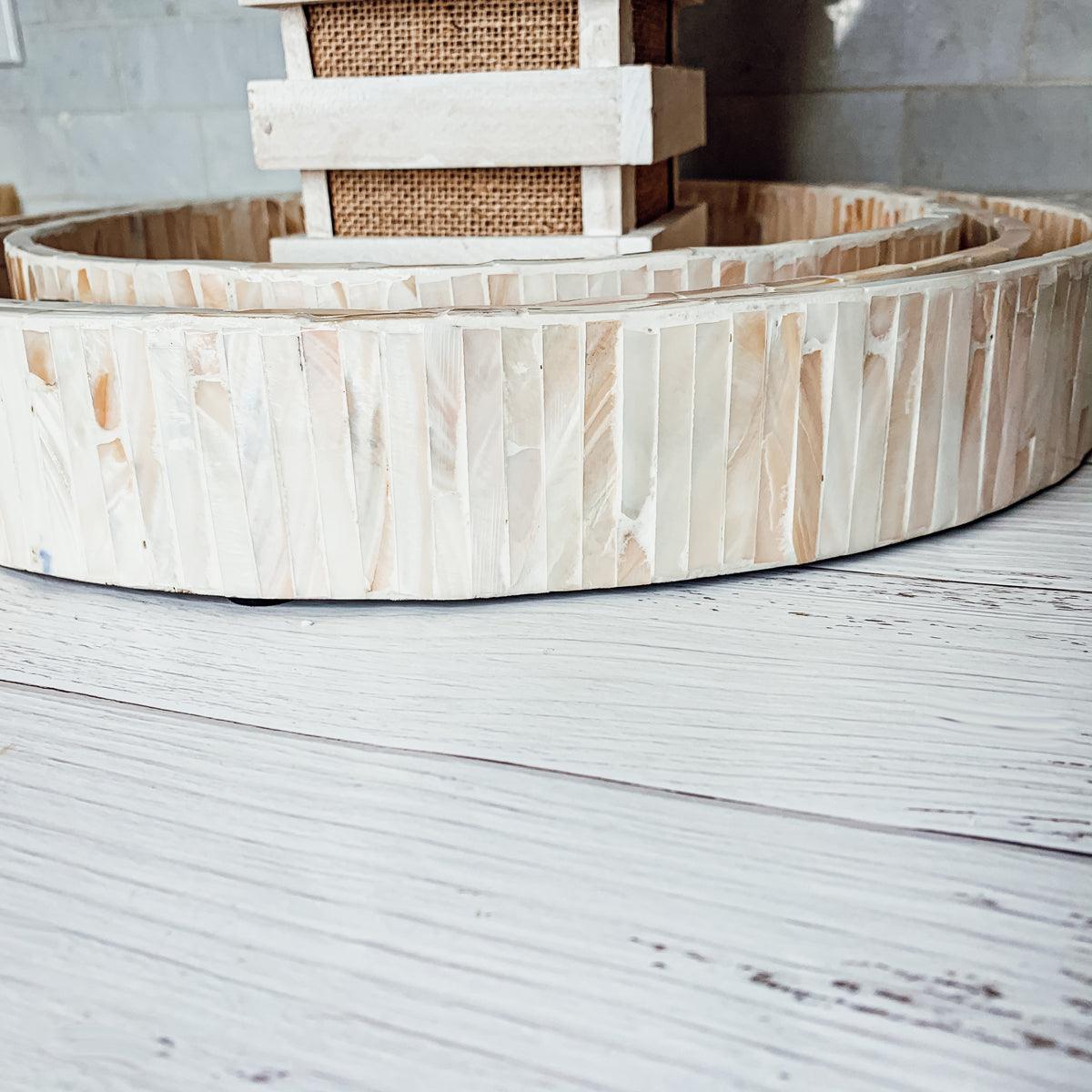 Handlaid Mother Of Pearl Cream Herringbone Tray — Select Your Shape & Size