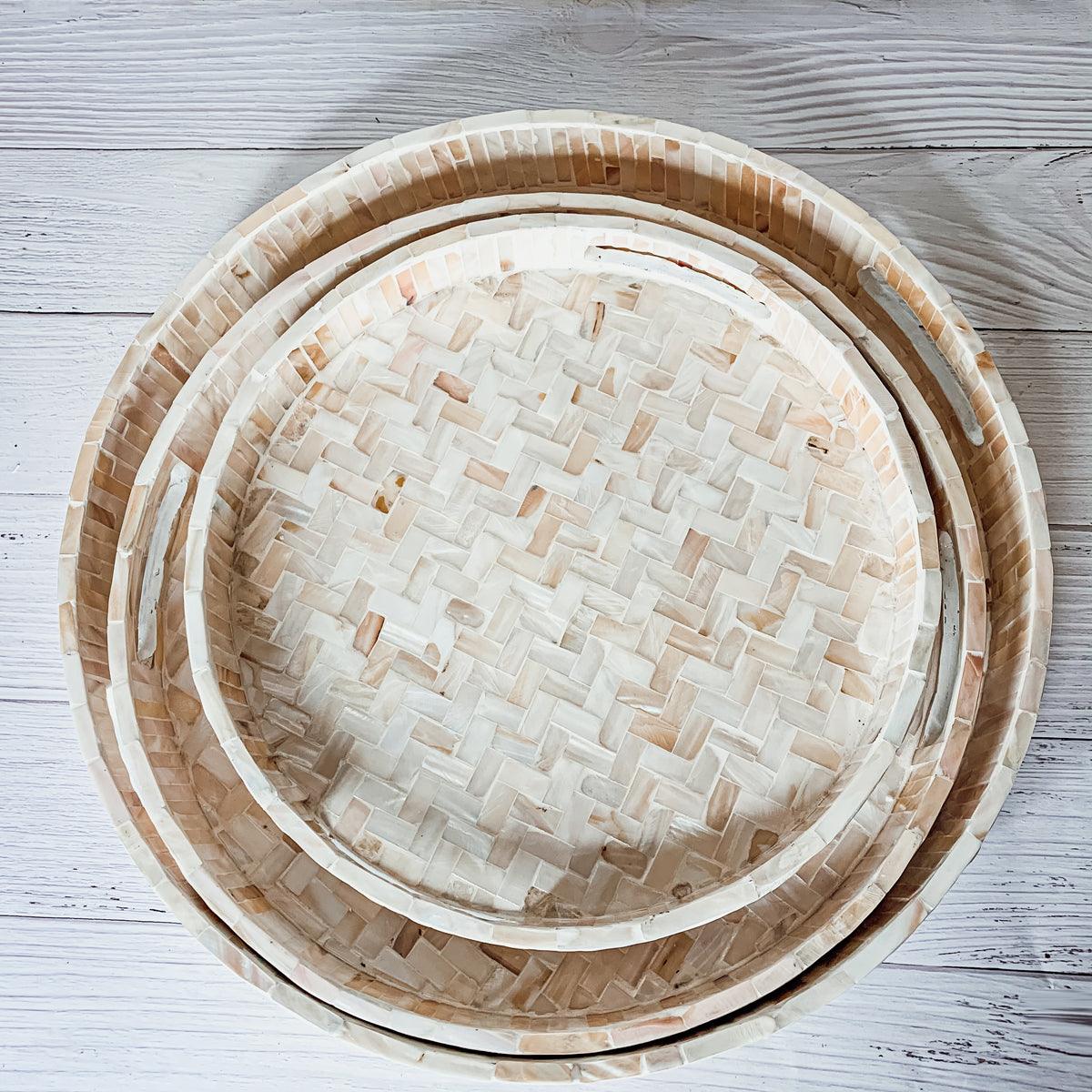 Handlaid Mother Of Pearl Cream Herringbone Tray — Select Your Shape & Size