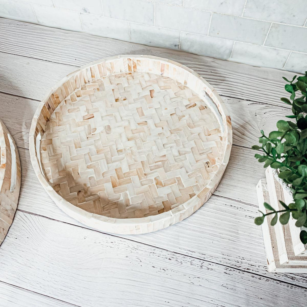 Handlaid Mother Of Pearl Cream Herringbone Tray — Select Your Shape & Size