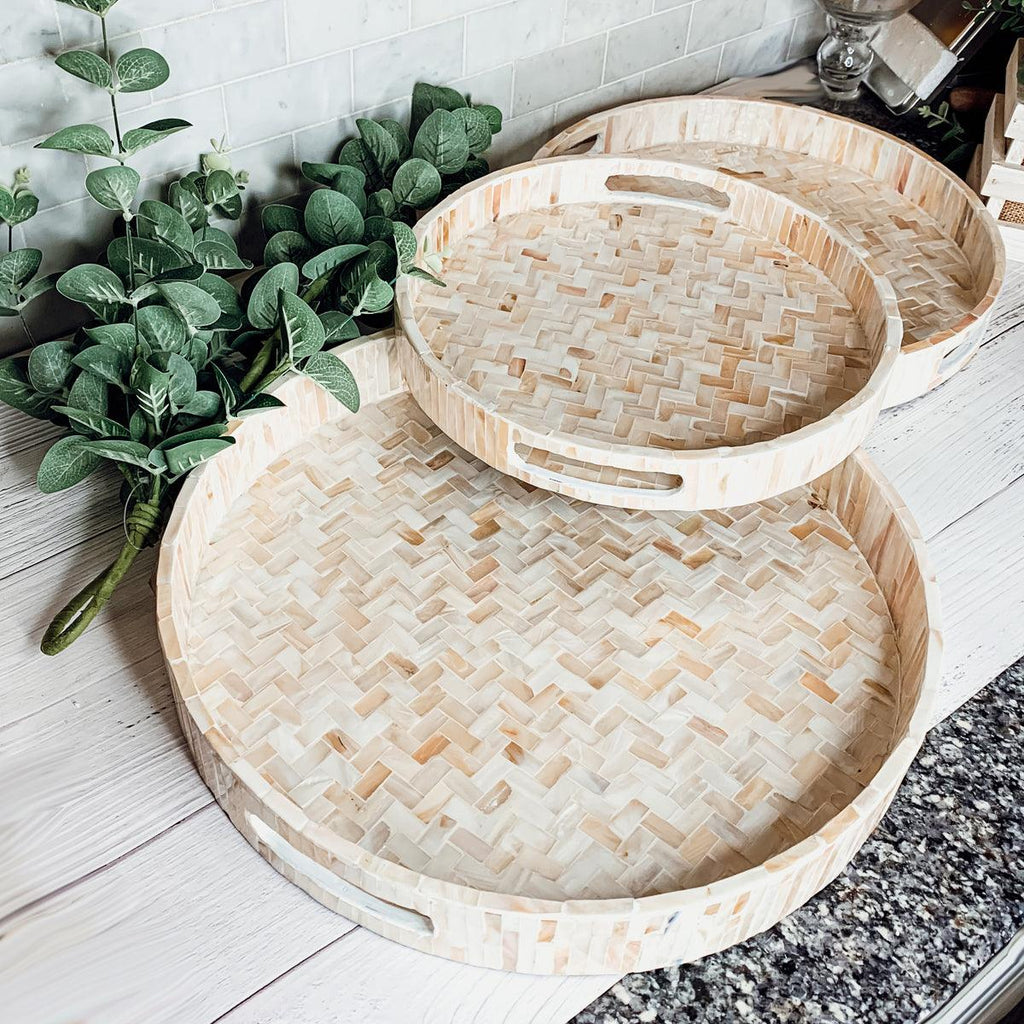Handlaid Mother Of Pearl Cream Herringbone Tray — Select Your Shape & Size