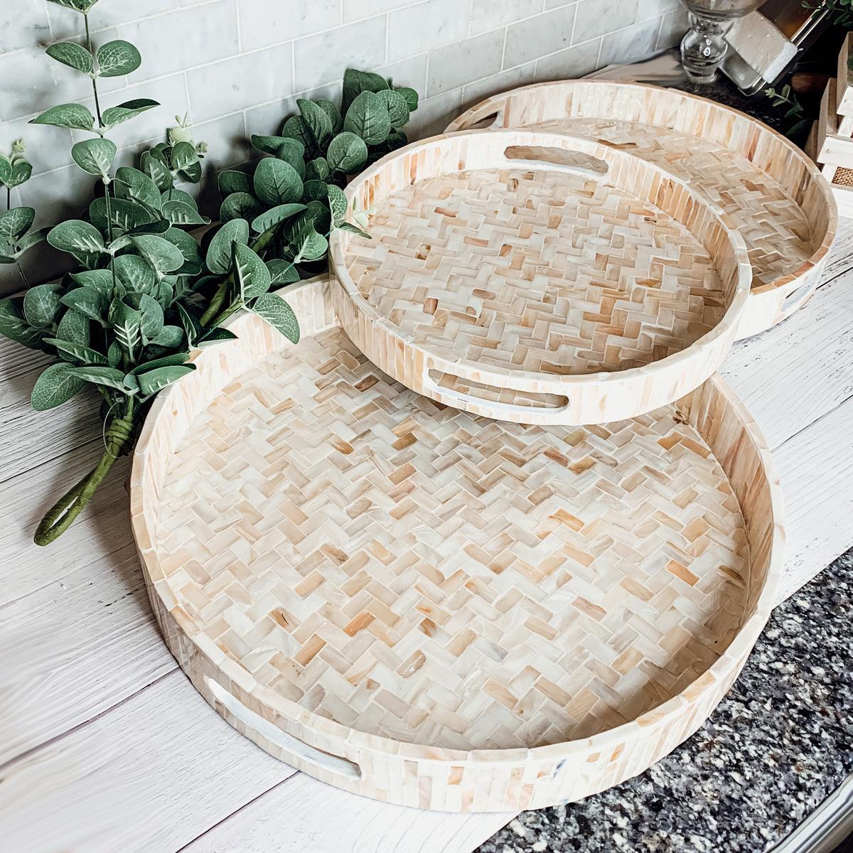 Handlaid Mother Of Pearl Cream Herringbone Tray — Select Your Shape & Size