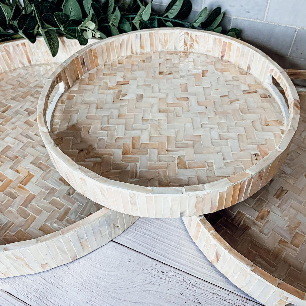 Handlaid Mother Of Pearl Cream Herringbone Tray — Select Your Shape & Size