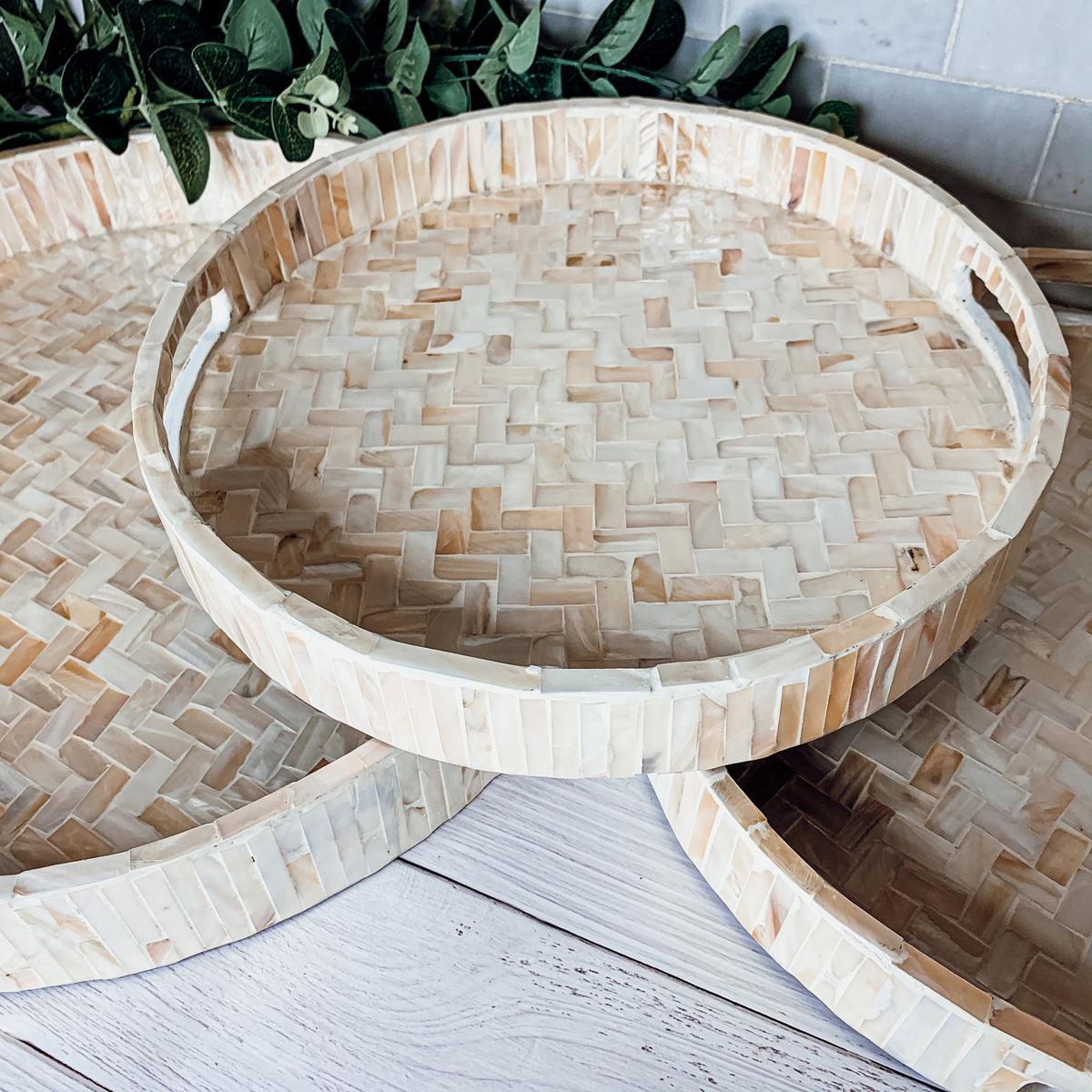 Handlaid Mother Of Pearl Cream Herringbone Tray — Select Your Shape & Size