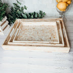 Handlaid Mother Of Pearl Cream Herringbone Tray — Select Your Shape & Size