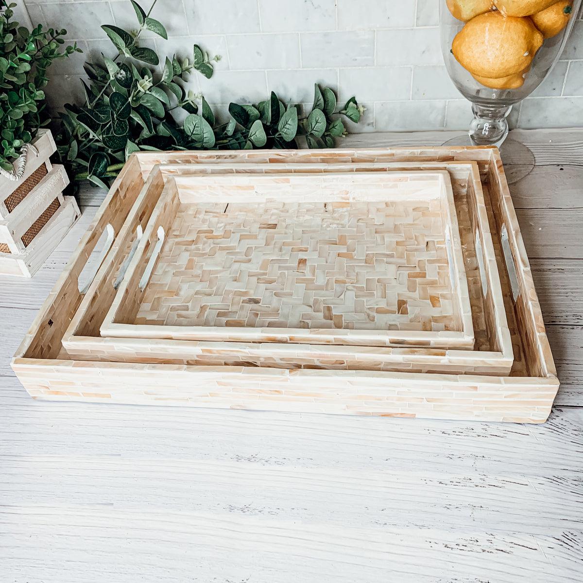 Handlaid Mother Of Pearl Cream Herringbone Tray — Select Your Shape & Size
