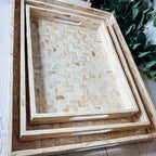 Handlaid Mother Of Pearl Cream Herringbone Tray — Select Your Shape & Size