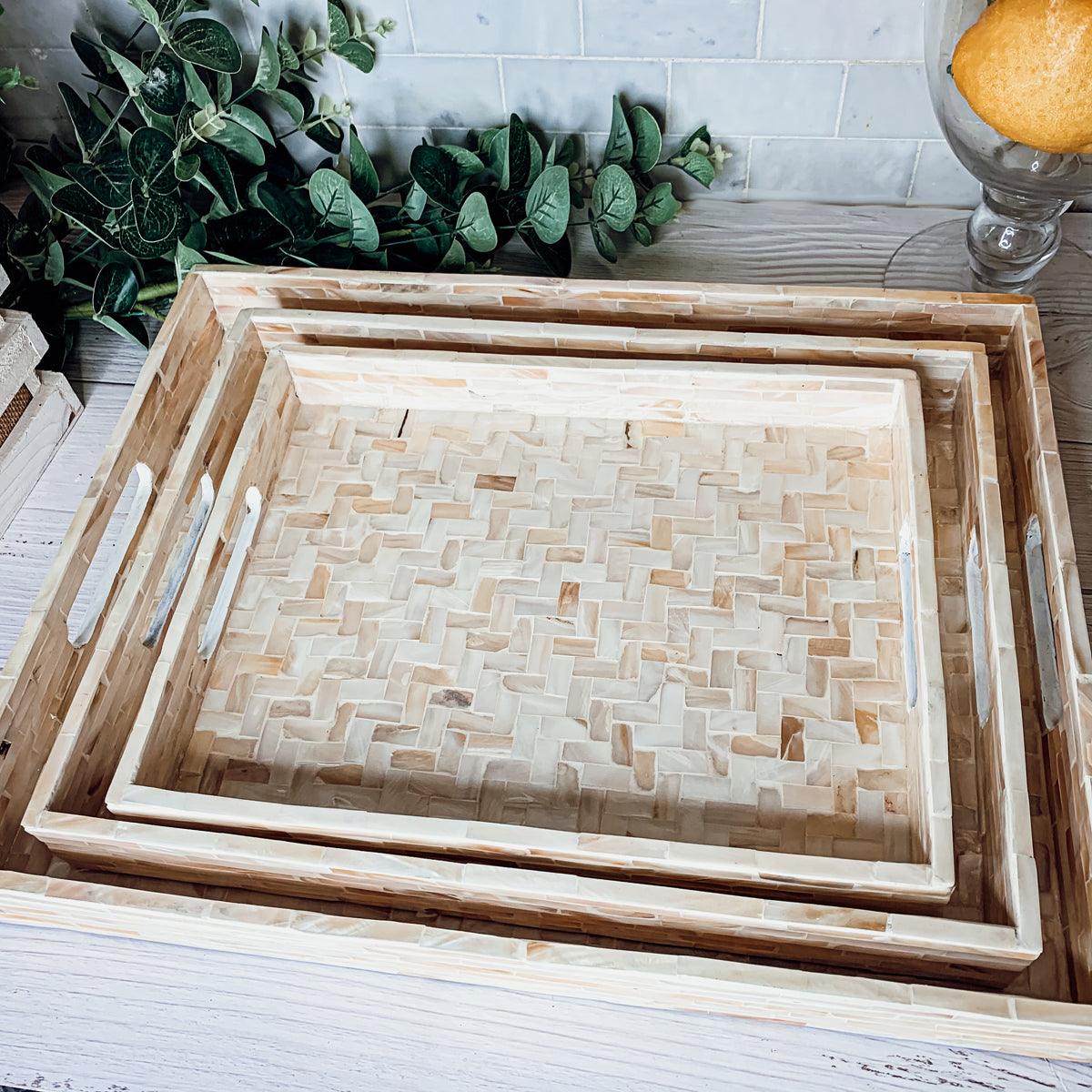 Handlaid Mother Of Pearl Cream Herringbone Tray — Select Your Shape & Size
