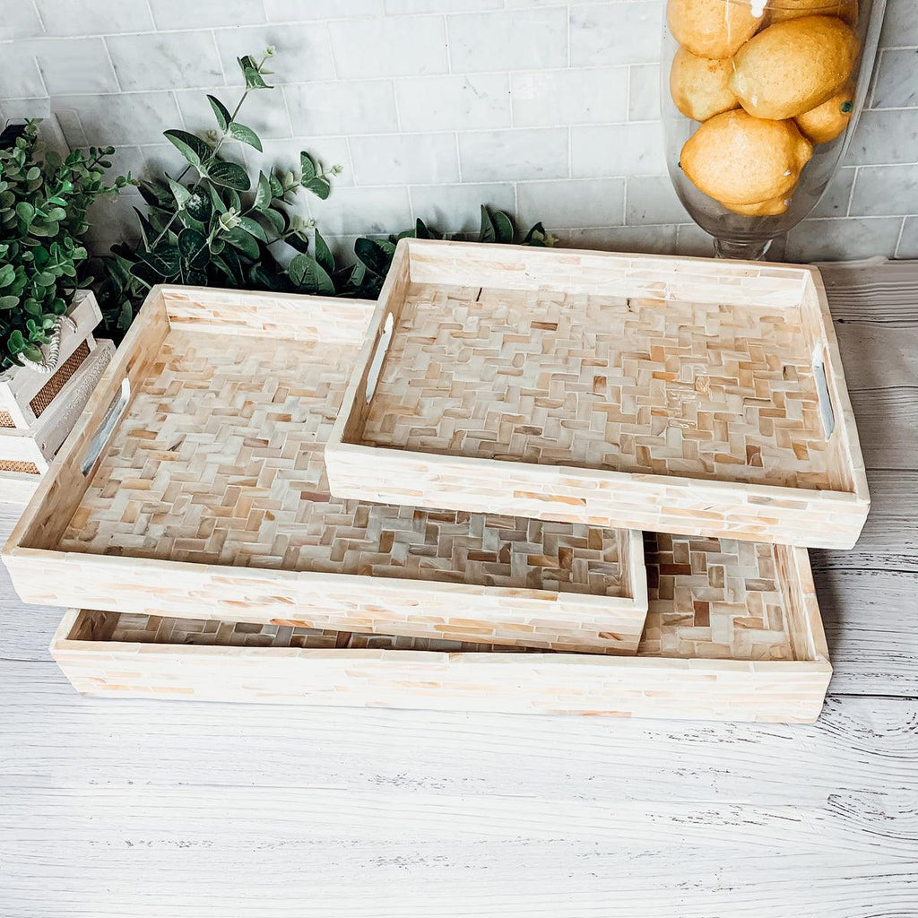 Handlaid Mother Of Pearl Cream Herringbone Tray — Select Your Shape & Size