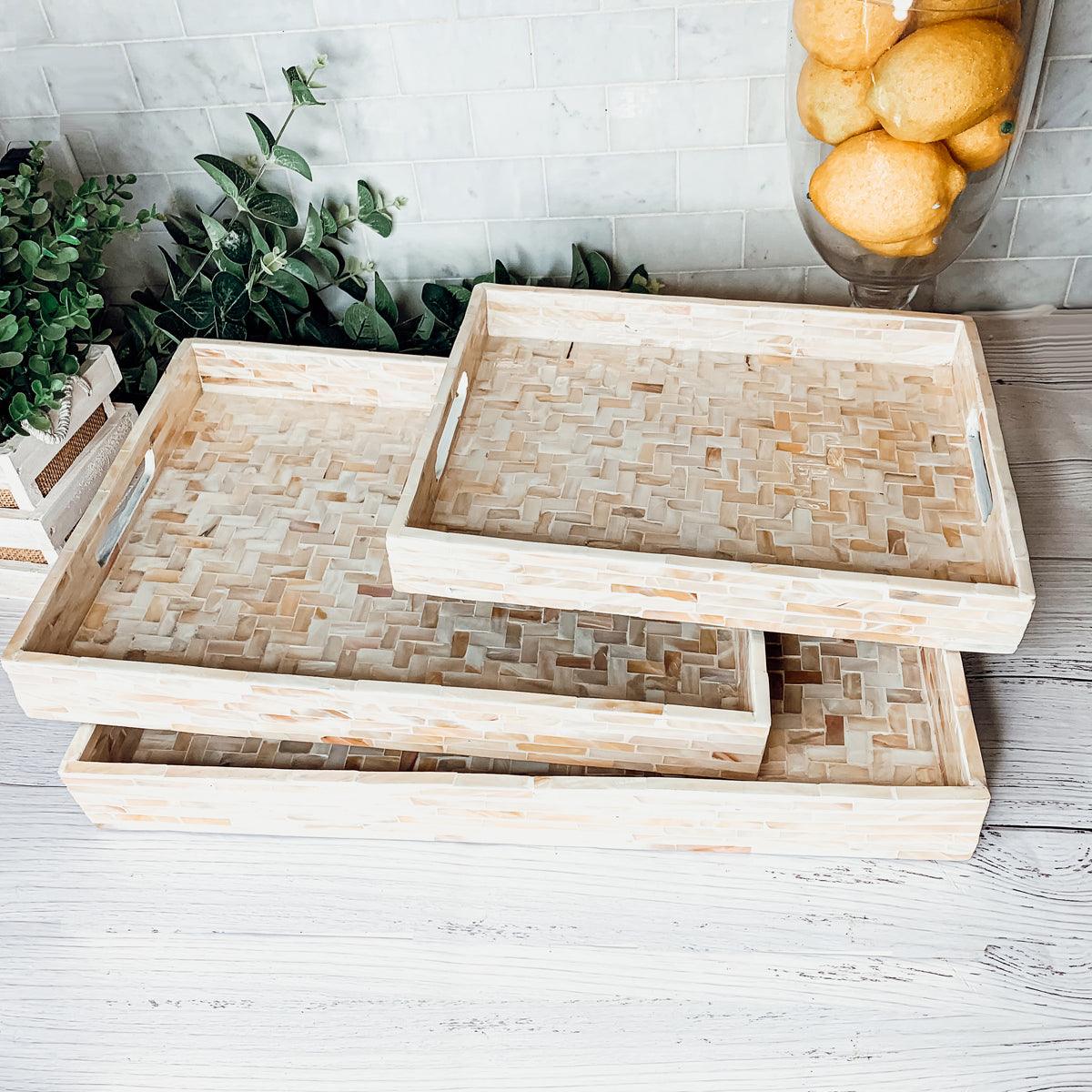 Handlaid Mother Of Pearl Cream Herringbone Tray — Select Your Shape & Size