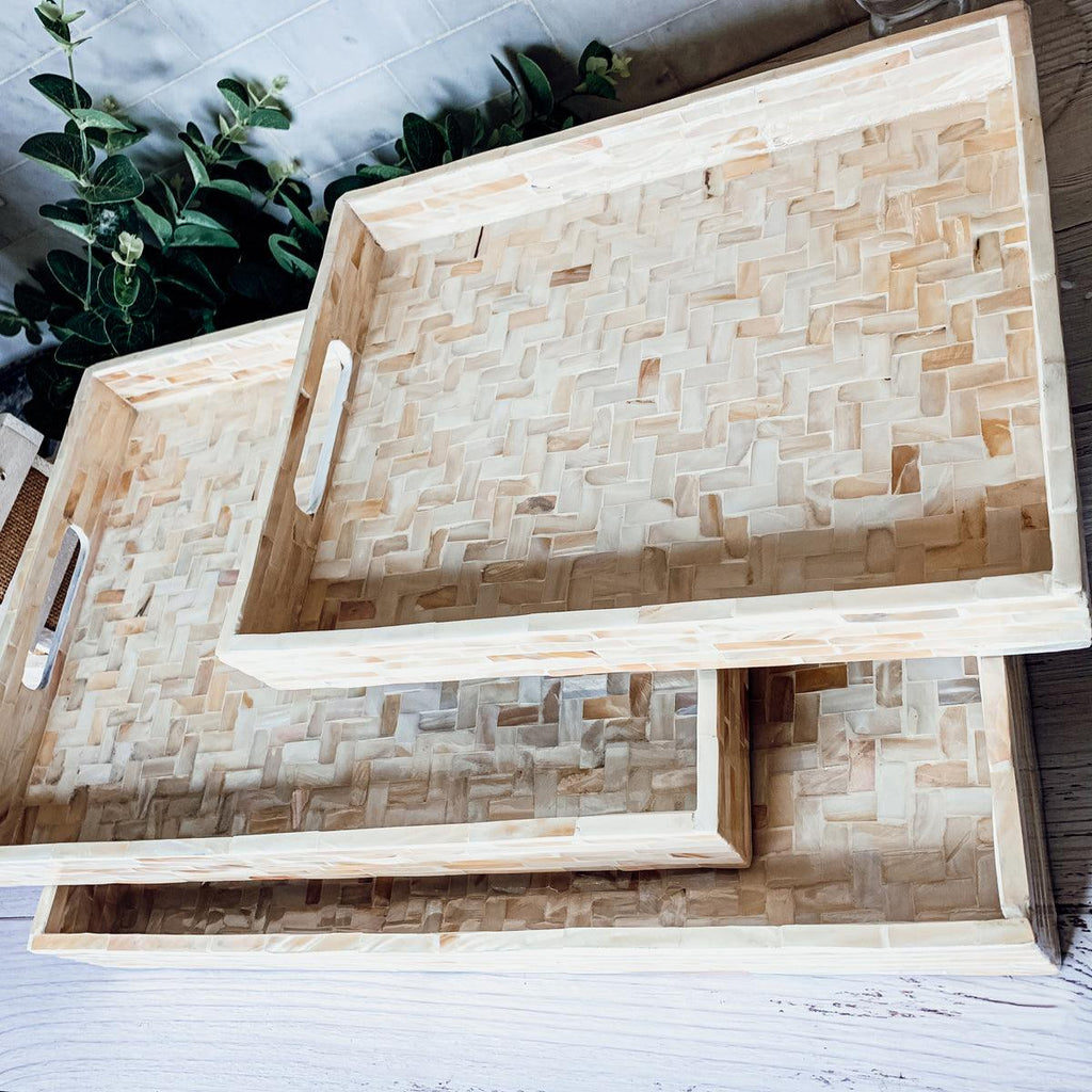 Handlaid Mother Of Pearl Cream Herringbone Tray — Select Your Shape & Size