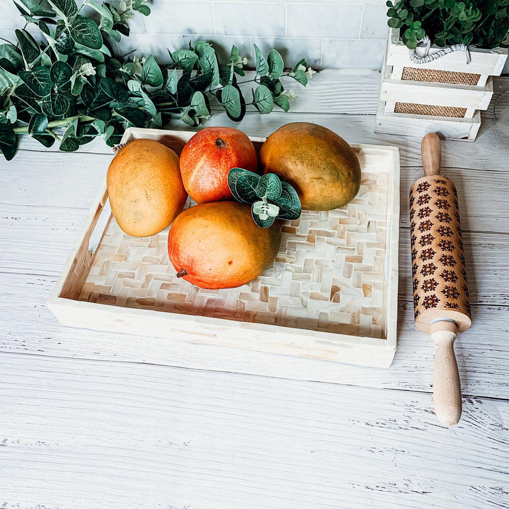 Handlaid Mother Of Pearl Cream Herringbone Tray — Select Your Shape & Size