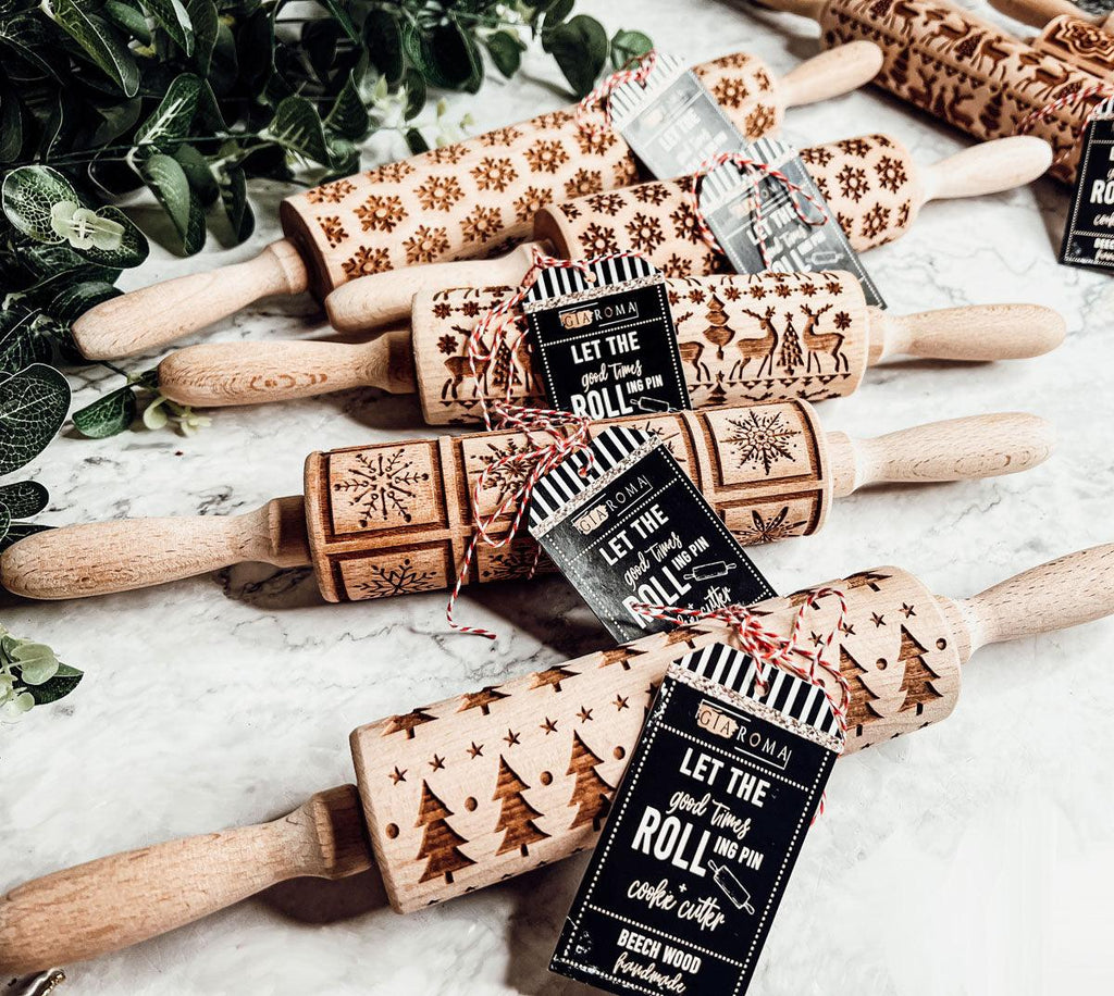 Handmade Wooden Embossed Christmas Rolling Pin Set — Select Your Style & Size