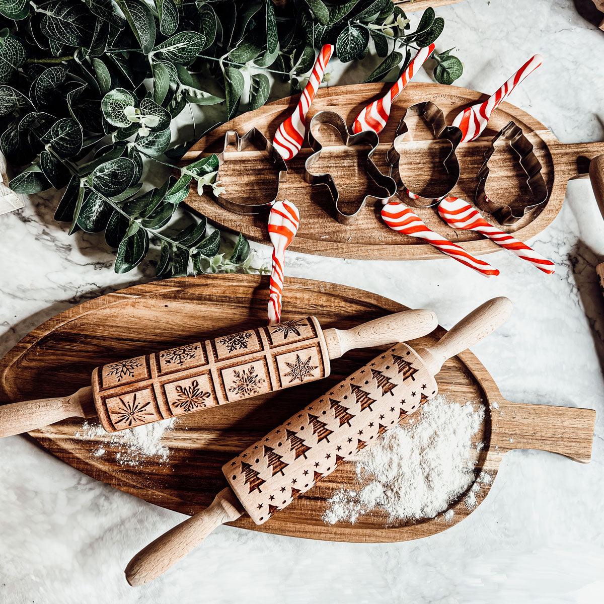 Handmade Wooden Embossed Christmas Rolling Pin Set — Select Your Style & Size