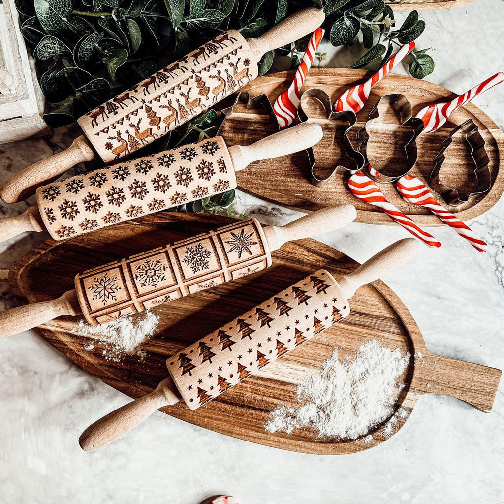 Handmade Wooden Embossed Christmas Rolling Pin Set — Select Your Style & Size