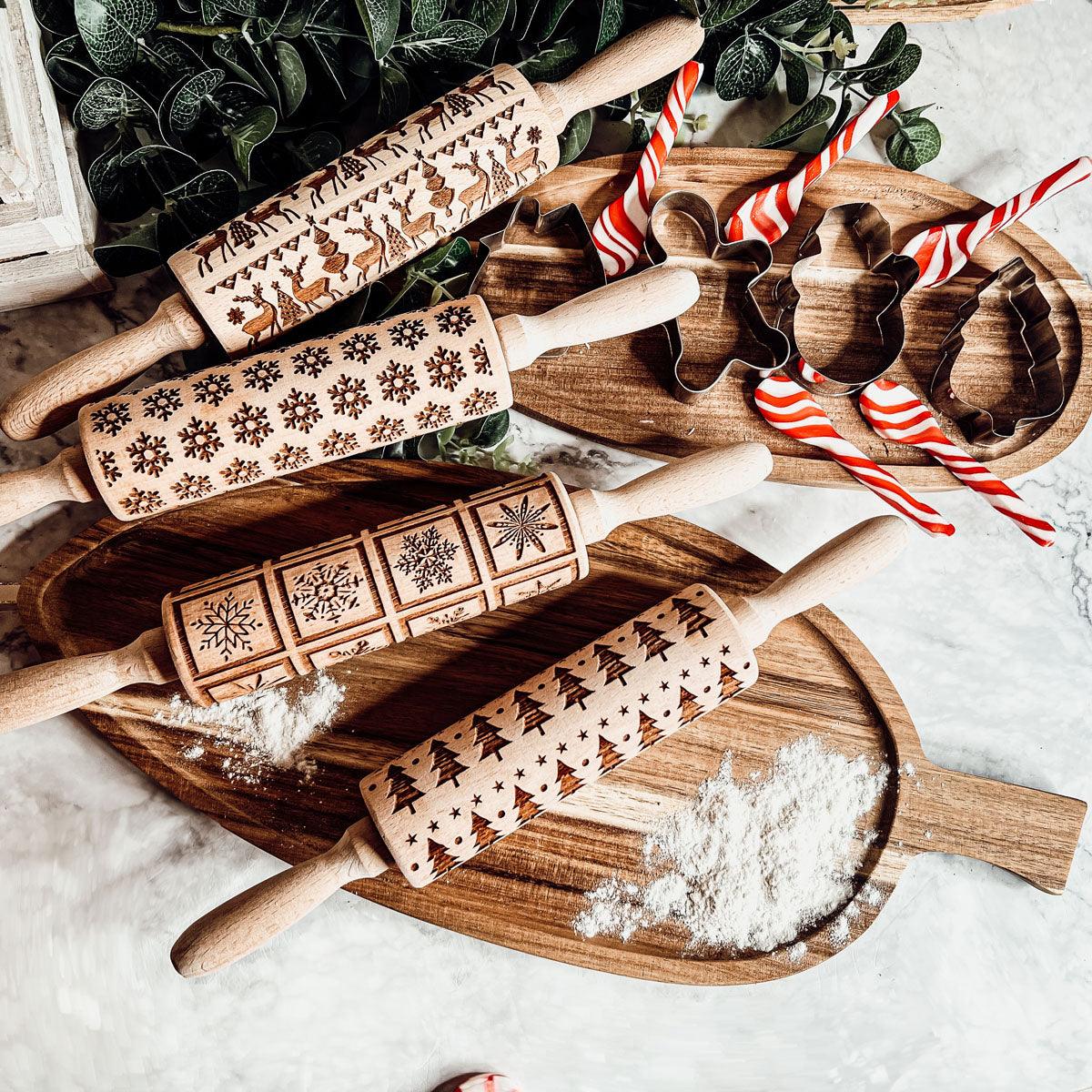 Handmade Wooden Embossed Christmas Rolling Pin Set — Select Your Style & Size