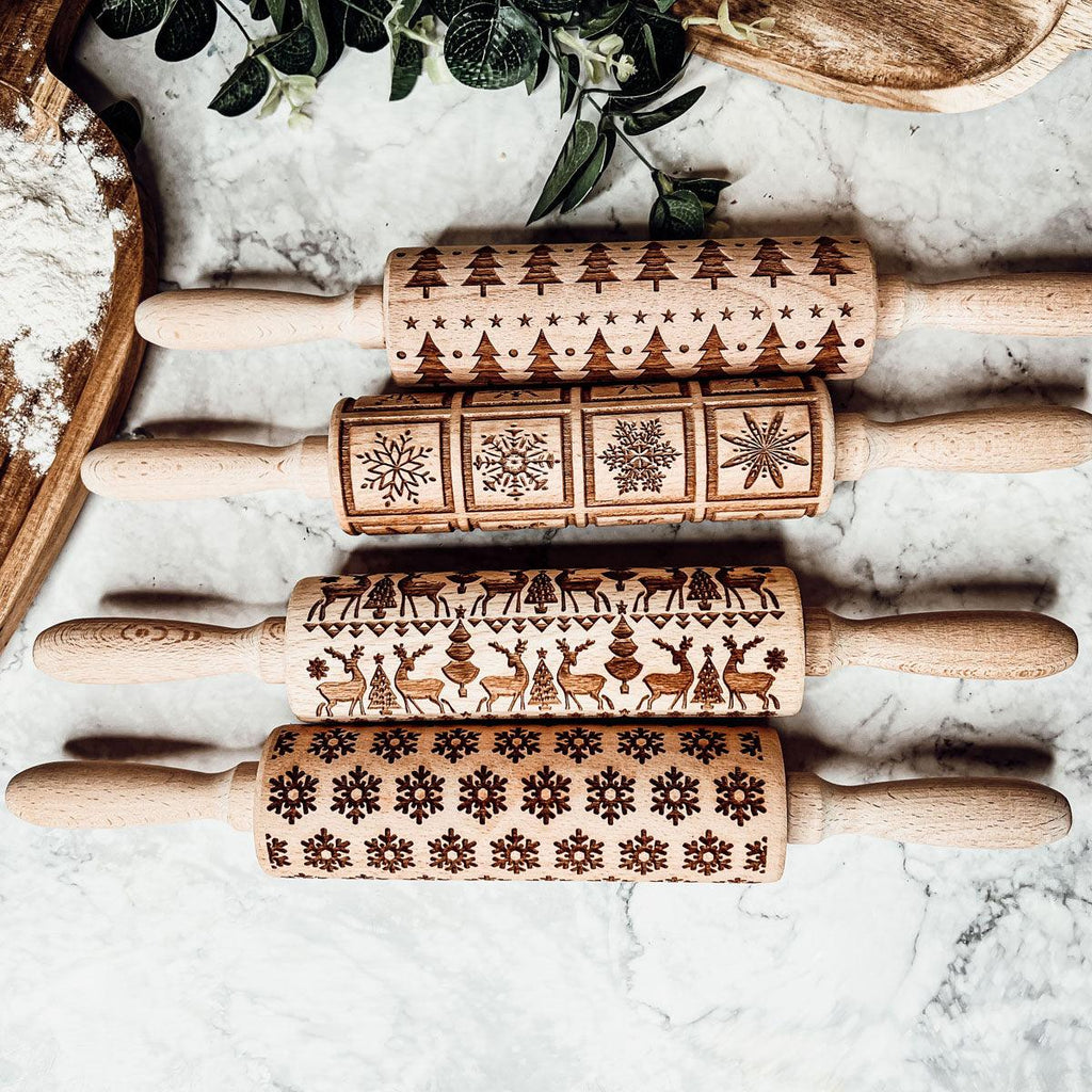 Handmade Wooden Embossed Christmas Rolling Pin Set — Select Your Style & Size