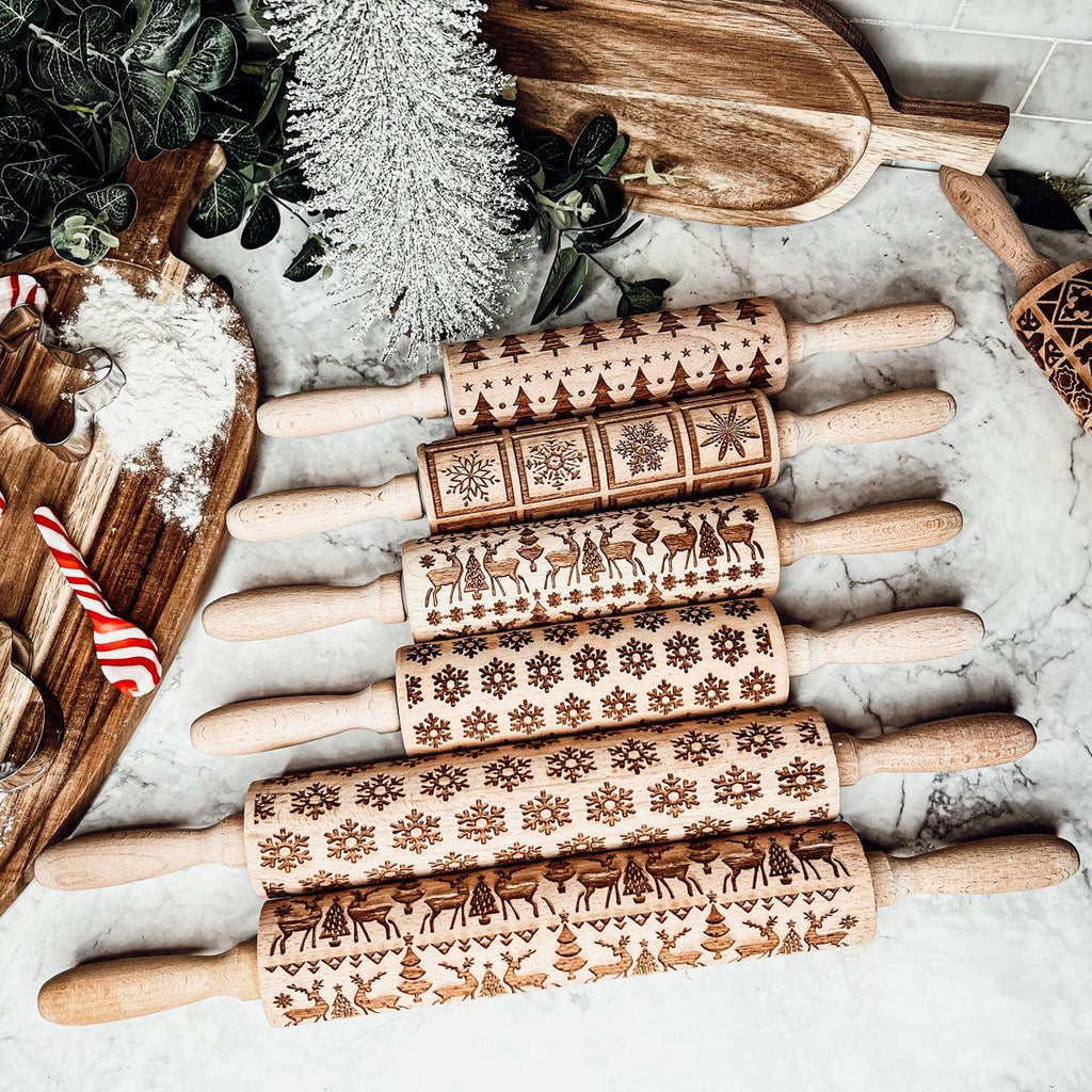 Handmade Wooden Embossed Christmas Rolling Pin Set — Select Your Style & Size