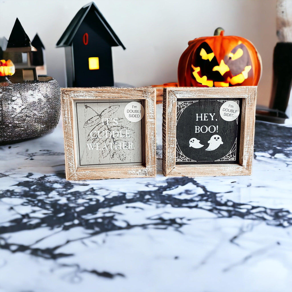 Double-Sided Wood Framed Sign "Hey Boo" + "It's Cuddle Weather"