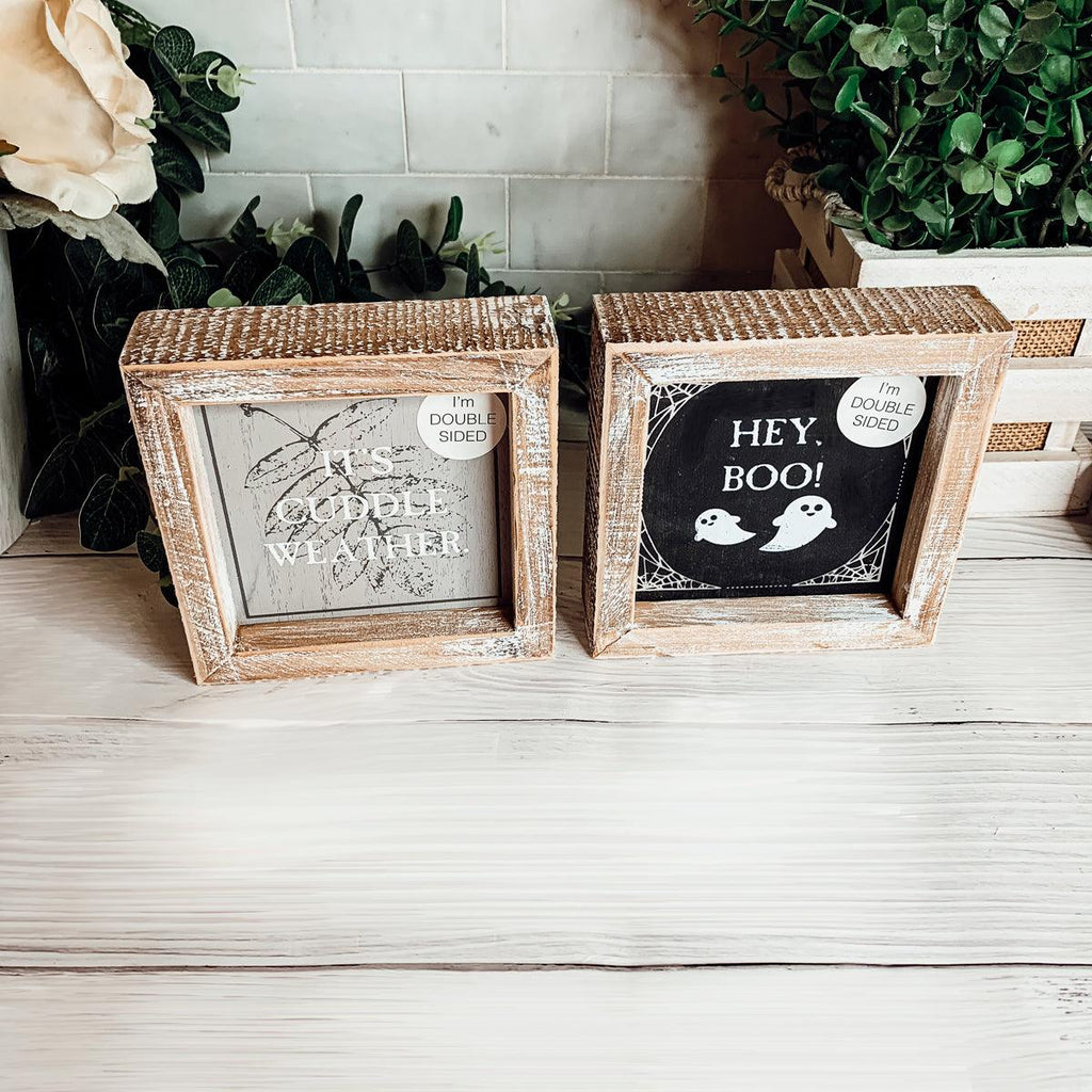 Double-Sided Wood Framed Sign "Hey Boo" + "It's Cuddle Weather"