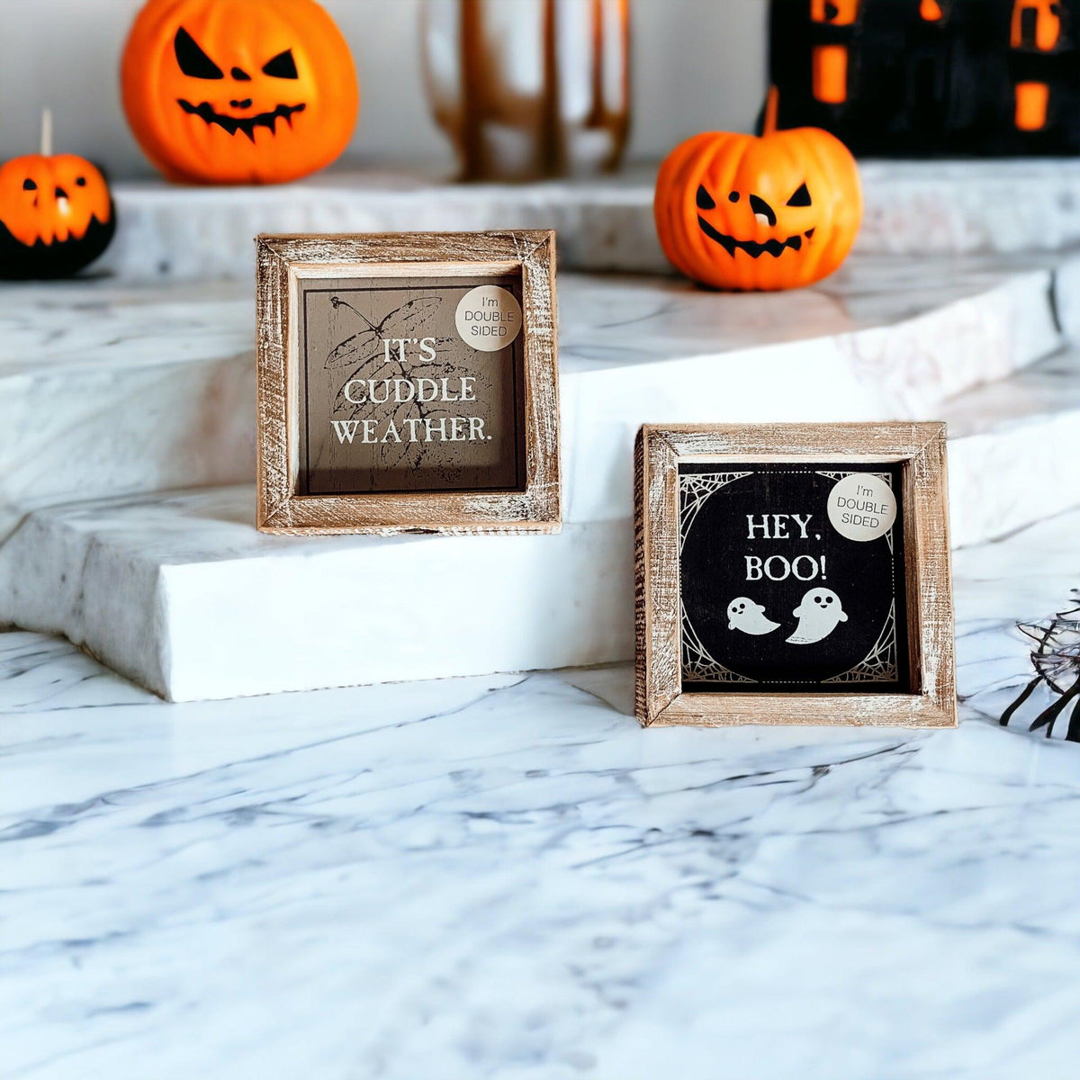 Double-Sided Wood Framed Sign "Hey Boo" + "It's Cuddle Weather"