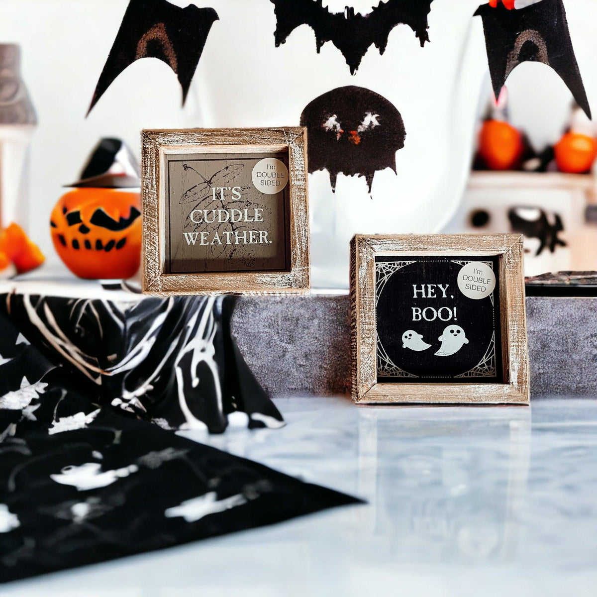 Double-Sided Wood Framed Sign "Hey Boo" + "It's Cuddle Weather"